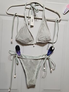 Mint Green Mesh Tie-Side Bikini Set with Shell Accents
